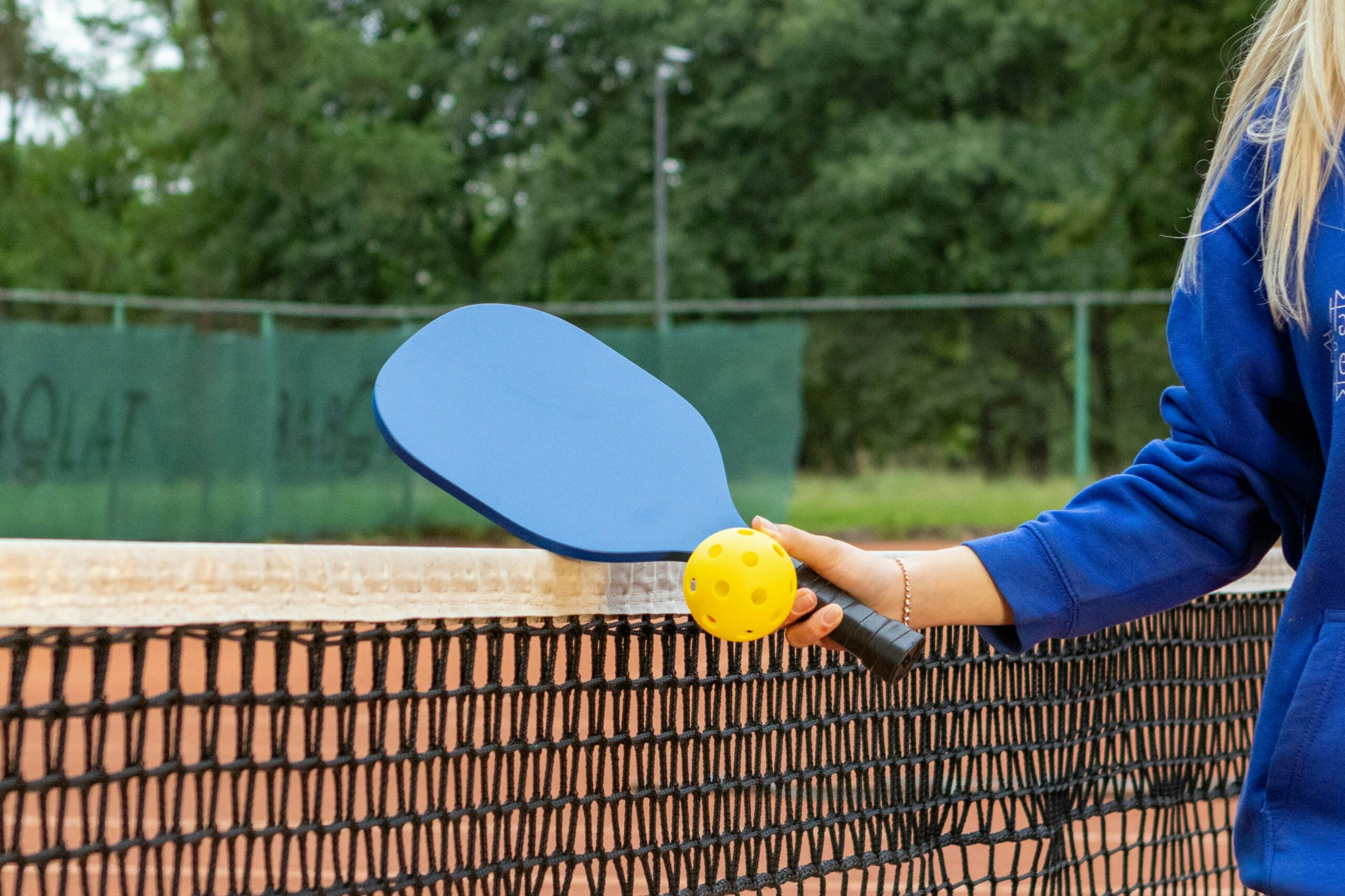 Person holding pickleball paddle and ball over a net